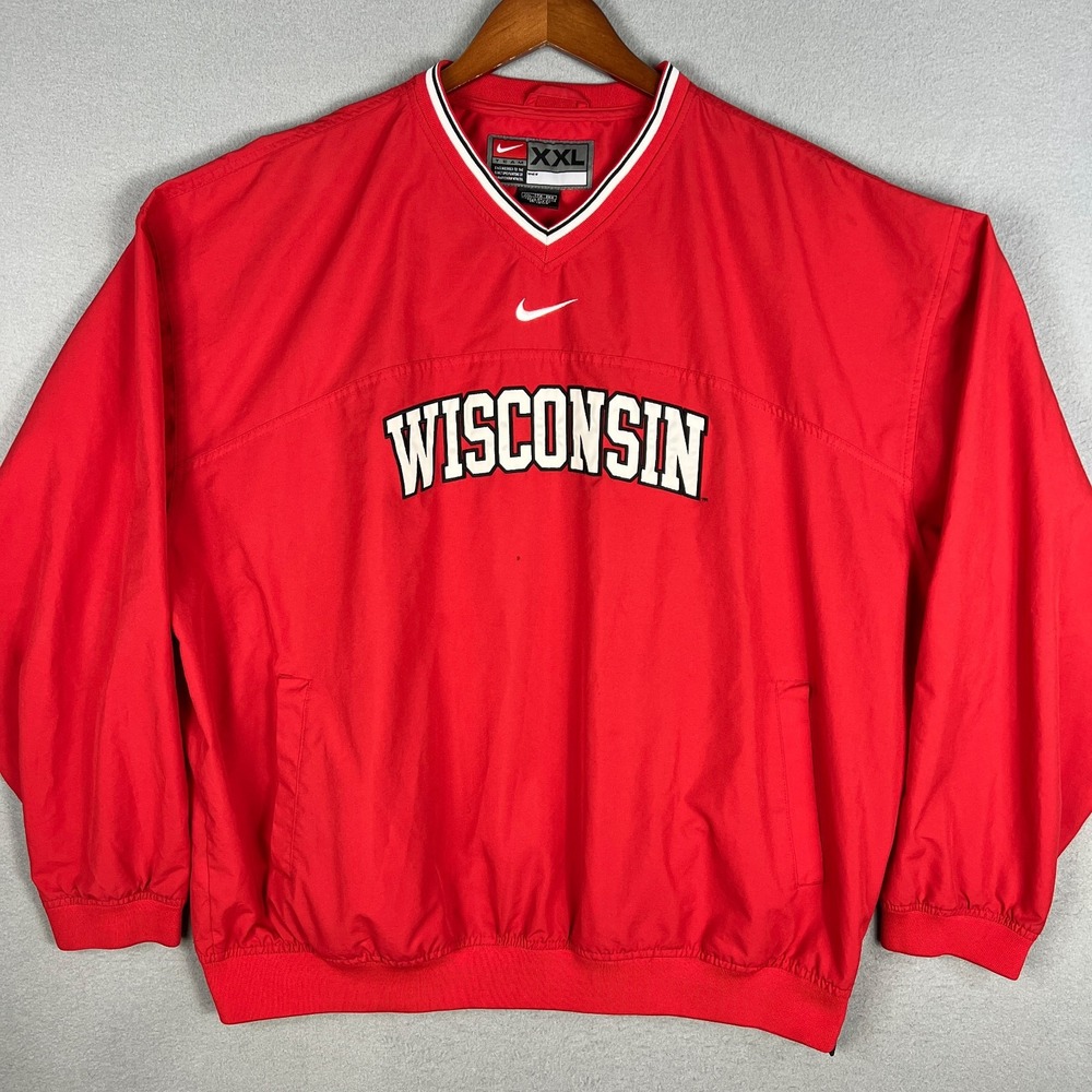 Y2K Nike Team Wisconsin Windbreaker Mens 2XL Badgers Center Check Red Pullover